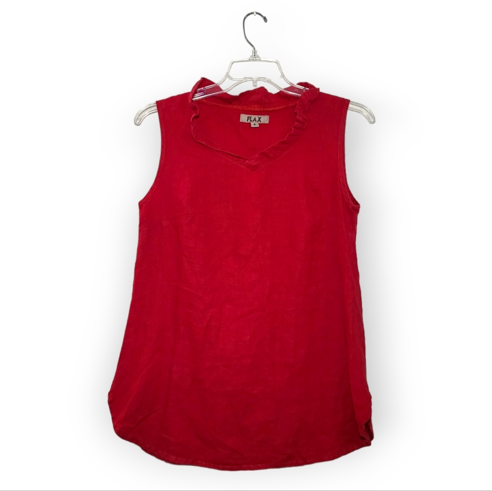 FLAX Red Linen Ruffled V-neck Sleeveless Tunic Top Small